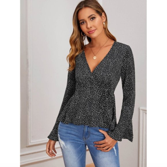 Tops - Polka Dot Flounce Sleeve Peplum Wrap Blouse